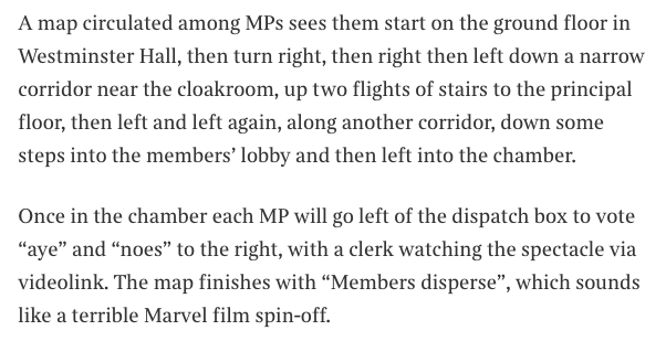 Big row brewing over forcing MPs to vote in person.As many as 250 MPs might stay away for health/age/travel/childcare reasons. So if you live in their seat, you don't get a say.And practicalities of voting while social distancing are *crazy* 1/4 https://www.thetimes.co.uk/edition/news/mps-unhappy-over-voting-plans-told-to-join-the-queue-qtbpbrj62