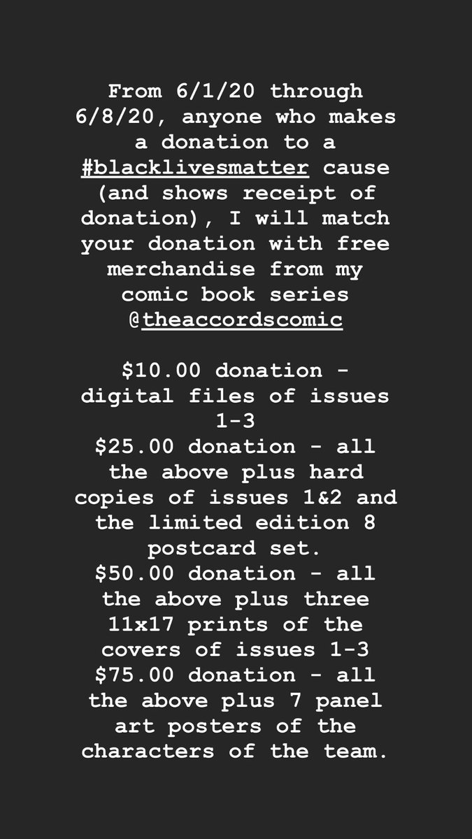 DrTonyOrtega's tweet photo. For anyone looking to make a donation towards a #BlackLivesMatter movement, I’ll match you donation with free merchandise from my comic  book. Just dm me a receipt. Starting today. #BLM https://t.co/sxIDhCFeDx