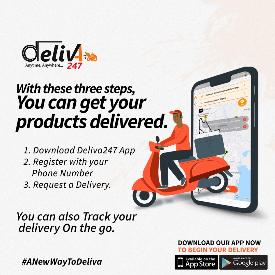 deliva247's tweet photo. With just three steps, you can request a pickup and get your product delivered with ease.
1. Download Deliva247 App
2. Register with your phone number or social media accounts
3. Request a pickup and track your delivery.
You can also call these numbers:
09062000312, 09062000314 https://t.co/YwBTLIEyTo