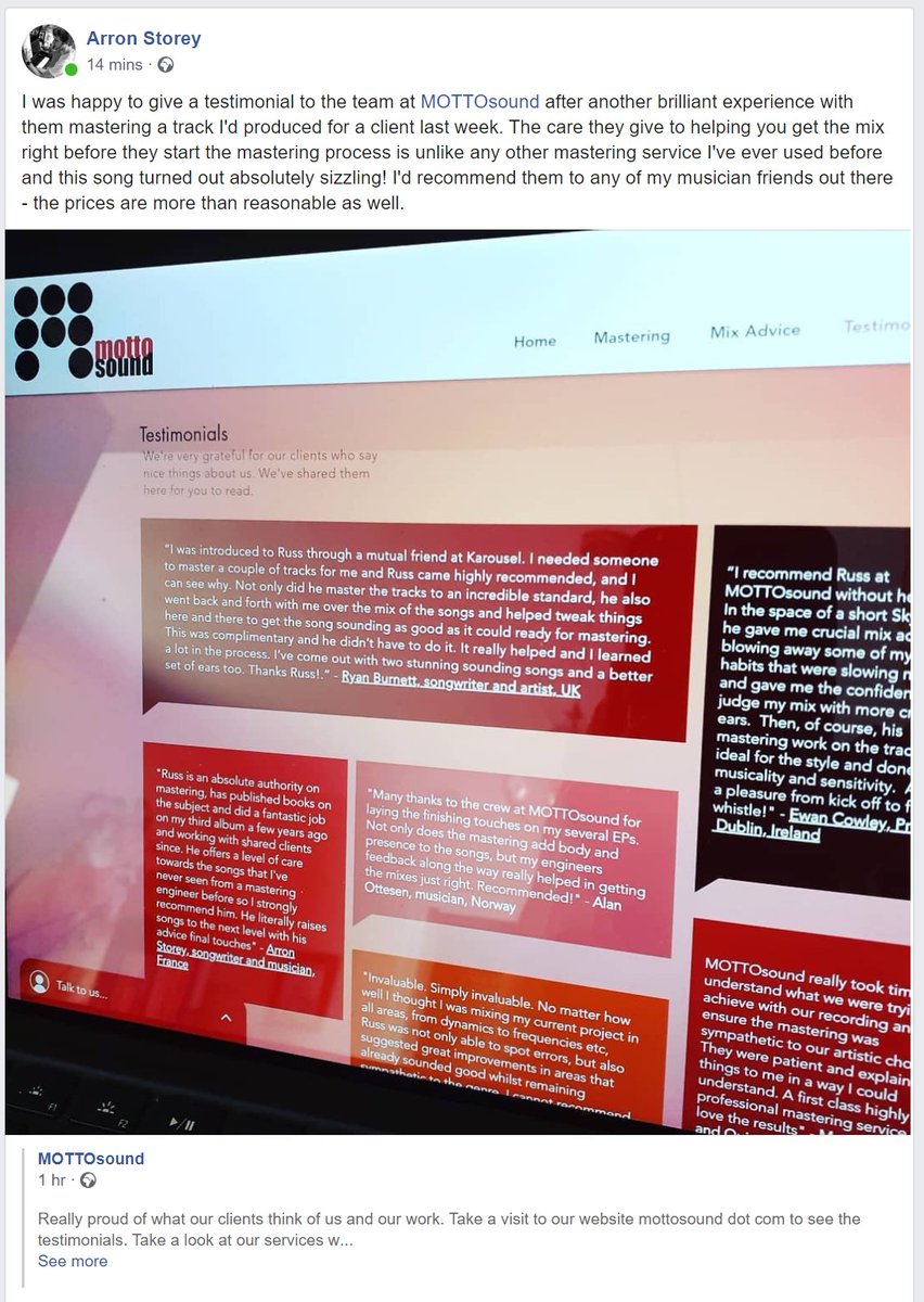 MOTTOsound's tweet photo. Some lovely words from onw of our clients on Facebook - now on a post on our site 0 https://t.co/qpTFUaFsMn https://t.co/1PJr4PgrVF
