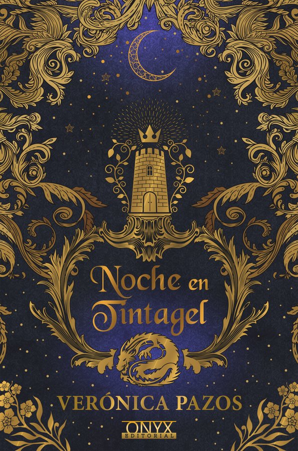 Portada con un fondo azul y puntitos que simulan estrellas en dorado. Cerca de los extremos diferentes fornituras en dorado y en medio el título, y una torre coronada por una luna.