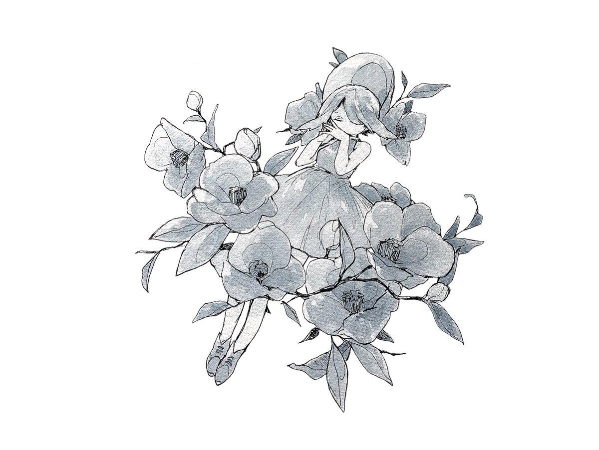 1girl flower solo monochrome dress greyscale closed eyes  illustration images