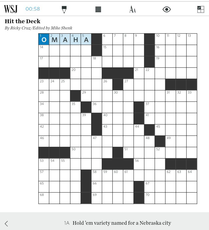"Hold 'em variety named for a Nebraska city." 5 letters @ wsj #crossword