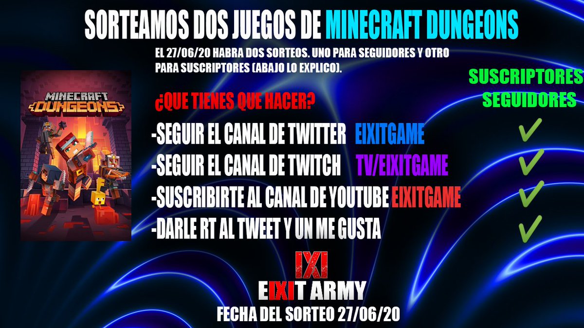 EixitGame's tweet image. ¡NUEVO! SORTEO PARA SEGUIDORES Y SUSCRIPTORES QUE SERA EL DIA 27/06/20.
LINKS:
Twitch 
twitch.tv/eixitgame
Youtube youtube.com/channel/UC3Uva…