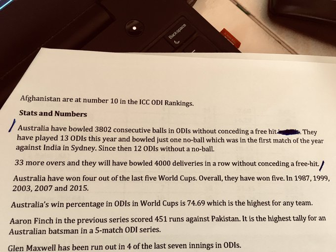 # 4 (AFG vs Aus) – David Warner is man-of-the-match in his first outing for Australia after the ball-tampering ban. I was working on the game and had alerted GFX, Producers, Big Screen about AUS approaching 4000 balls without a no-ball. Pat Cummins' first ball? He overstepped!