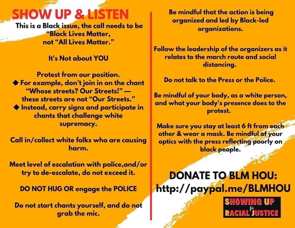 Dear other white protestors, this is not about us. Please do not speak over black voices. This protest is about racial injustice and the many murders of Black and POC people done by police. We need to stand with them and uplift their voices. Always protect black protestors. BLM