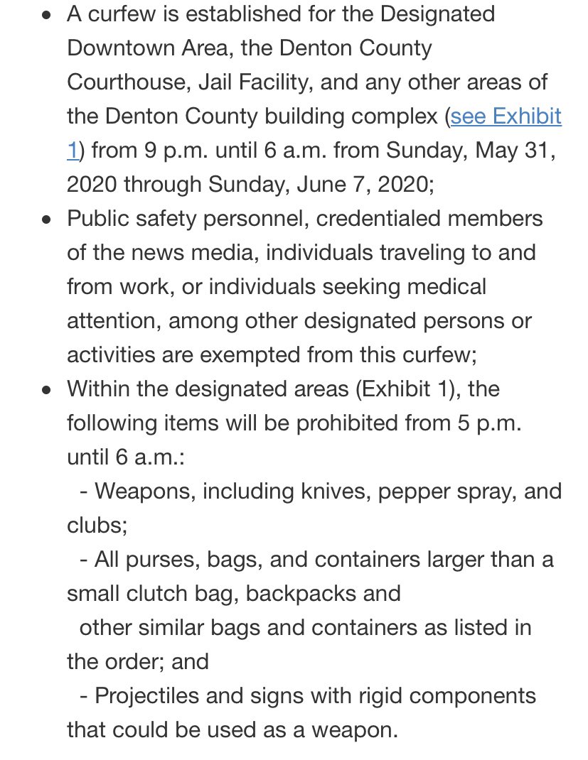 Here are some updates on the new “rules” The City of Denton pased. They say we cannot have bags bigger than a small clutch and that curfew starts  @9PM. The chief of Denton PD says that breaking curfew is an arrestable offense so some protestors will probably disburse around 8:45