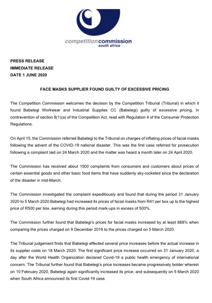 CompComSA's tweet photo. Press release : #Facemasks supplier found #guilty of #excessive #pricing https://t.co/D1BPX55iZw