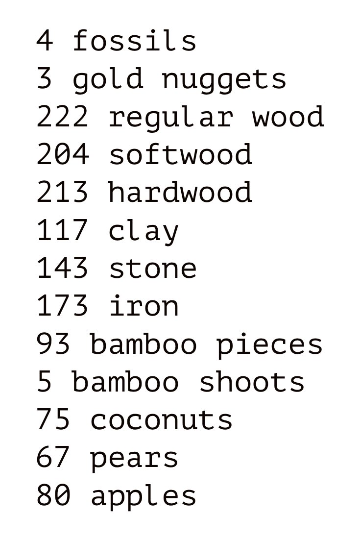 So on every island I chopped down every tree, hit every rock & ate fruit to get the last stone, and I dug up whatever fossils/ bamboo shoots I found. You could also pick up all the weeds and flowers if u need them. Here’s the list of materials I was able to get in 14 islands :)