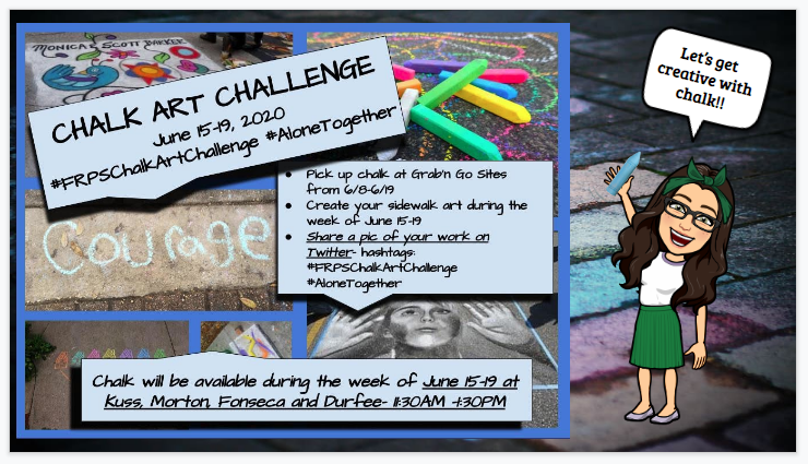 Starting next week! Pick up chalk at Grab &amp; Go sites to prepare for the chalk art challenge the week of June 15th-19th! #FRPSChalkArtChallenge #AloneTogether