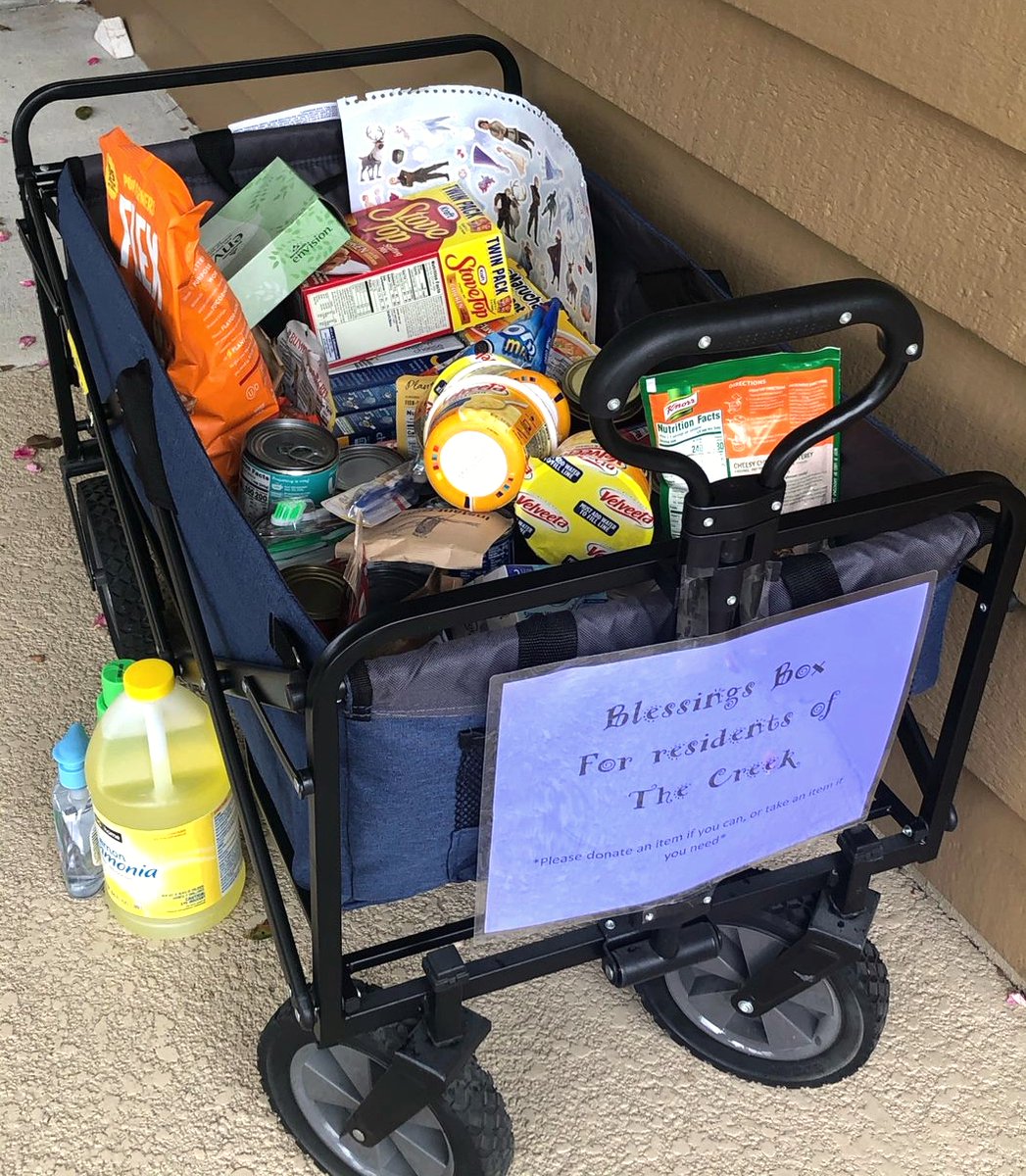 ariumliving's tweet photo. Our teams at The Creek by ARIUM set up a "Blessings Box". They received so many donations in their original box that they had to move to this bigger cart. In these uncertain times, it is so uplifting to see our communities pull together to help one another out.⁠
⁠
#ARIUMLiving https://t.co/1LGD6NFuSR