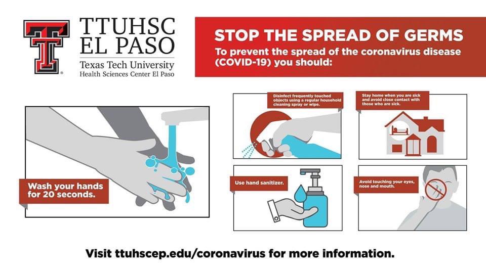TTHealthElPaso's tweet photo. Help us stop the #spreadofgerms by following these 5 simple steps!
To view the infographs in English and Spanish and for more COVID-19 information and resources, please visit our coronavirus micro site at https://t.co/qYm0g3Rxgo.
#ttuhscep #covid19 https://t.co/kOFDJi9K1p