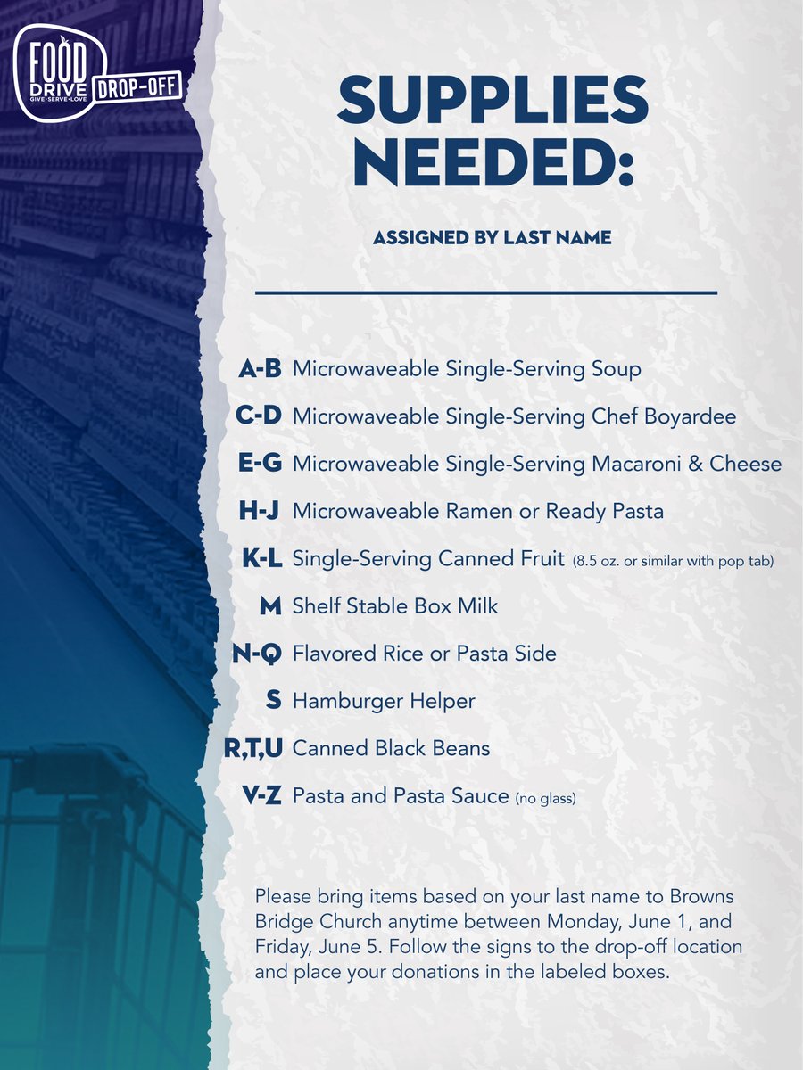 BrownsBridge's tweet photo. When you're out grocery shopping, add a few more items for the Food Drive Drop-off happening at Browns Bridge all week!

Items are assigned by last name. Visit https://t.co/hFv84rmstx for more info on our contact-free drop off. Thank you #GiveServeLove https://t.co/4C3yWVlYyn