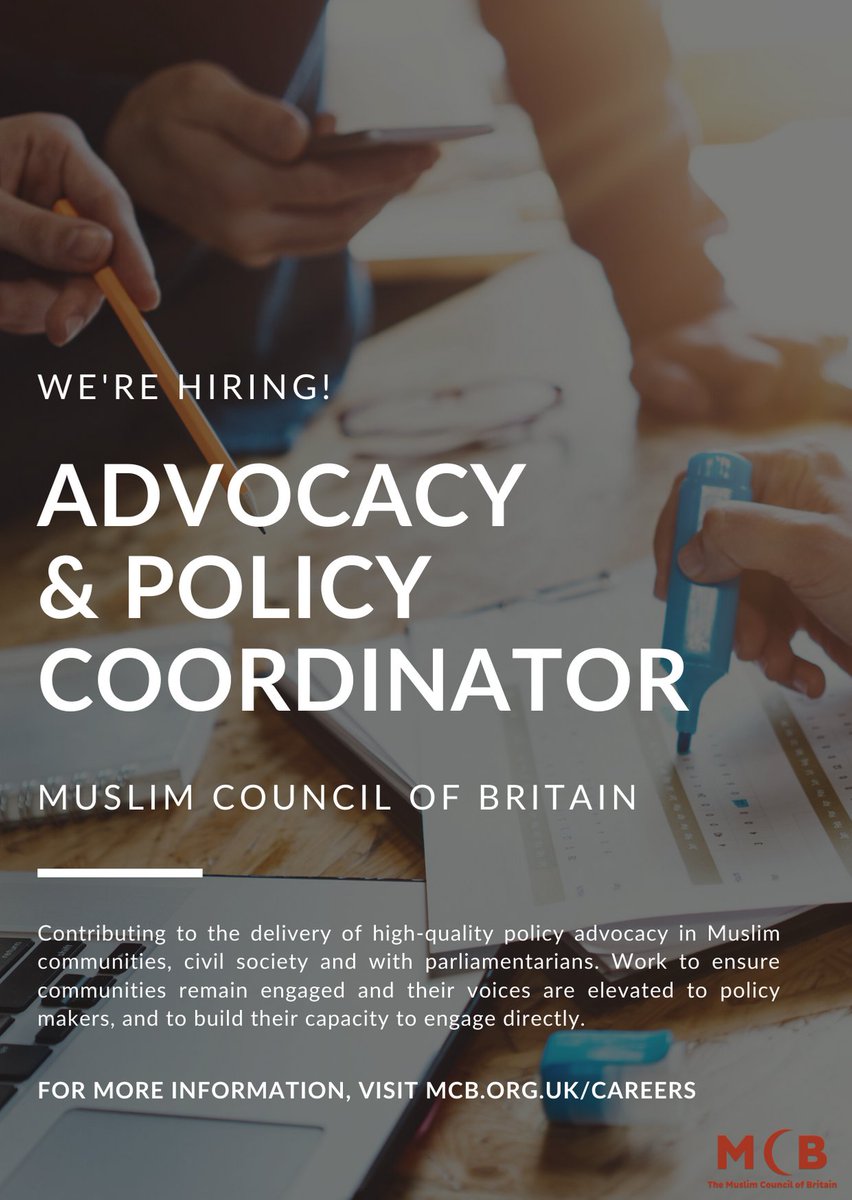 ✨MCB is hiring!✨

🗃 The Muslim Council of Britain is looking for an Advocacy and Policy Coordinator to join our growing team!

➡ Interested? Apply today: mcb.org.uk/careers