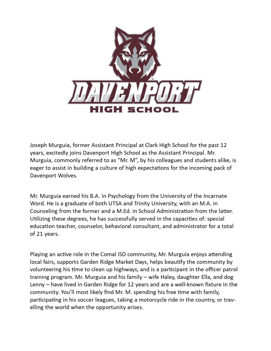 Davenport High School (@davenport_hs) on Twitter photo We are really excited to announce we have an Assistant Principal - Welcome Joseph Murguia to the Wolf Pack Family. Read below for more information... <a href="/matthewsdeloach/">DeLoach</a> <a href="/KristinLeihsin1/">Kristin Leihsing</a> <a href="/jdzimmerhanzel/">JD Zimmerhanzel</a> <a href="/alycepeters/">Alyce Peters</a> We are really excited to announce we have an Assistant Principal - Welcome Joseph Murguia to the Wolf Pack Family. Read below for more information... <a href="/matthewsdeloach/">DeLoach</a> <a href="/KristinLeihsin1/">Kristin Leihsing</a> <a href="/jdzimmerhanzel/">JD Zimmerhanzel</a> <a href="/alycepeters/">Alyce Peters</a>