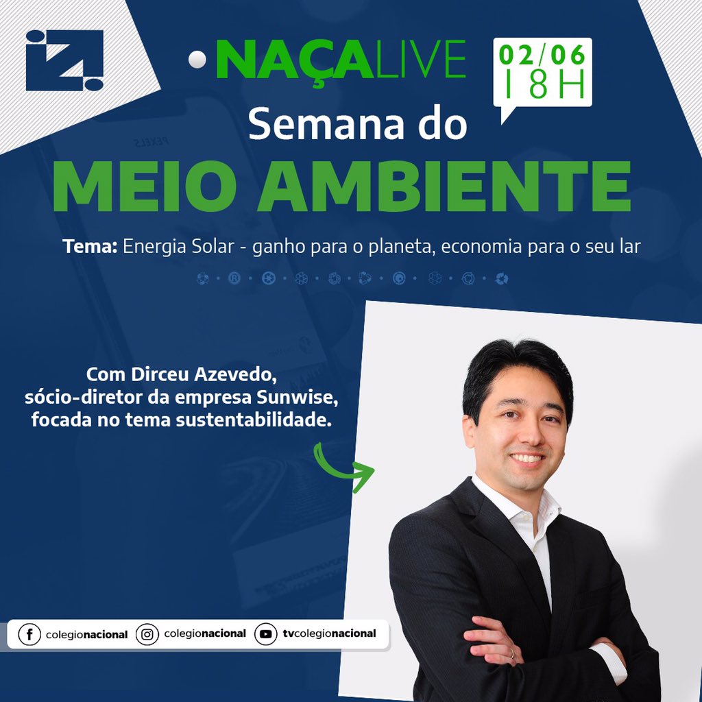Nacionalnet's tweet photo. O futuro passa pela energia solar, uma matriz renovável, abundante e completamente limpa. Na semana do meio ambiente, preparamos uma Live especial com Dirceu Azevedo, sócio-diretor da Sunwise, empresa focada neste mercado em ampla expansão. Não perca!

#naçalive #sustentabilidade https://t.co/3m6mC7fnGG
