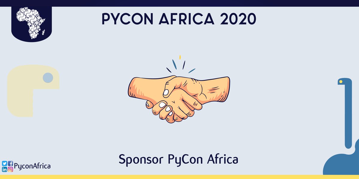 Do you want to help make #PyConAfrica2020 a success?
We'd really appreciate your #sponsorship!

You can find details of our packages at 🔗pycon.africa/sponsor or send us an email at 📨sponsorship@pycon.africa