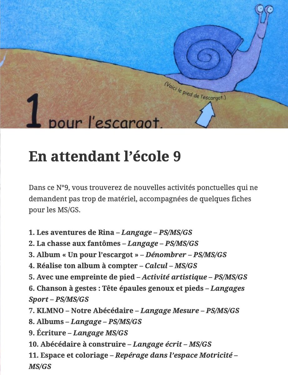 Le N° 9 de "En attendant l'école" est en ligne ici
maternailes.net/leblog2/en-att……
avec toujours des activités ponctuelles qui ne demandent pas trop de matériel et quelques fiches pour les MS/GS.
A bientôt 🤩

Bon retour à l'école à ceux qui en prendront le chemin demain. 💼