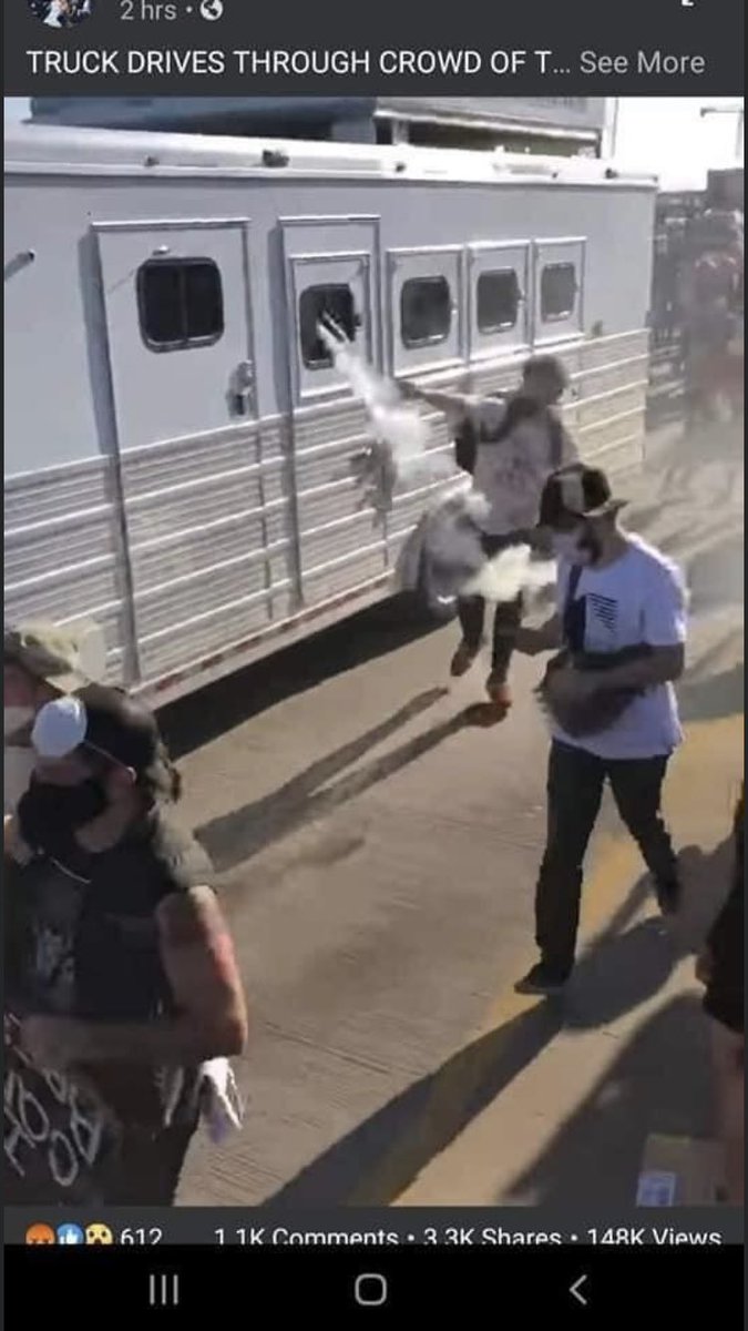 LexiKramer21's tweet photo. @peytwint is this right? Your fine with them burning builds and destroying businesses. Is it right to throw gas bombs at horses and destroy this persons truck and trailer? https://t.co/Bf9lZMZNUw