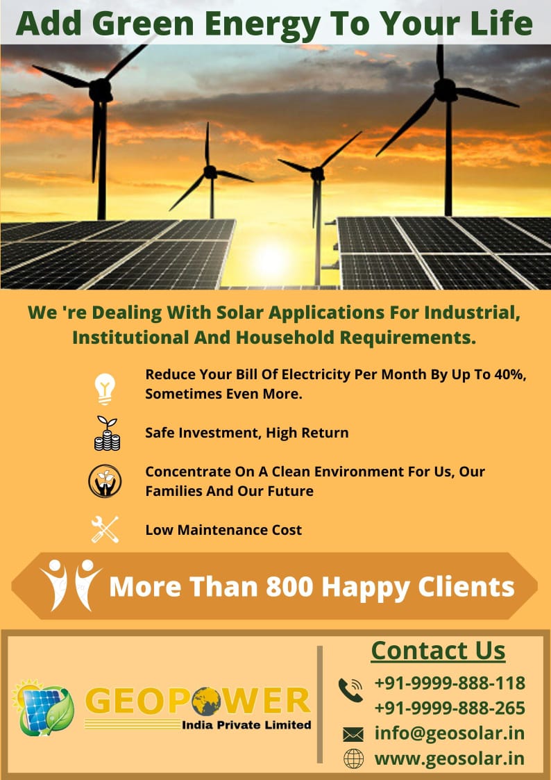 The evolution to clean energy is about making an investment in our future.
geosolar.in
 info@geosolar.in
 +91-9999-888-118 91-9999-888-265
#gosolar  #solarenergy    #greenhouse #geopower #renewableenergy #solarpanels #greenenergy 
 #solarenergy #cleanenergyIndia