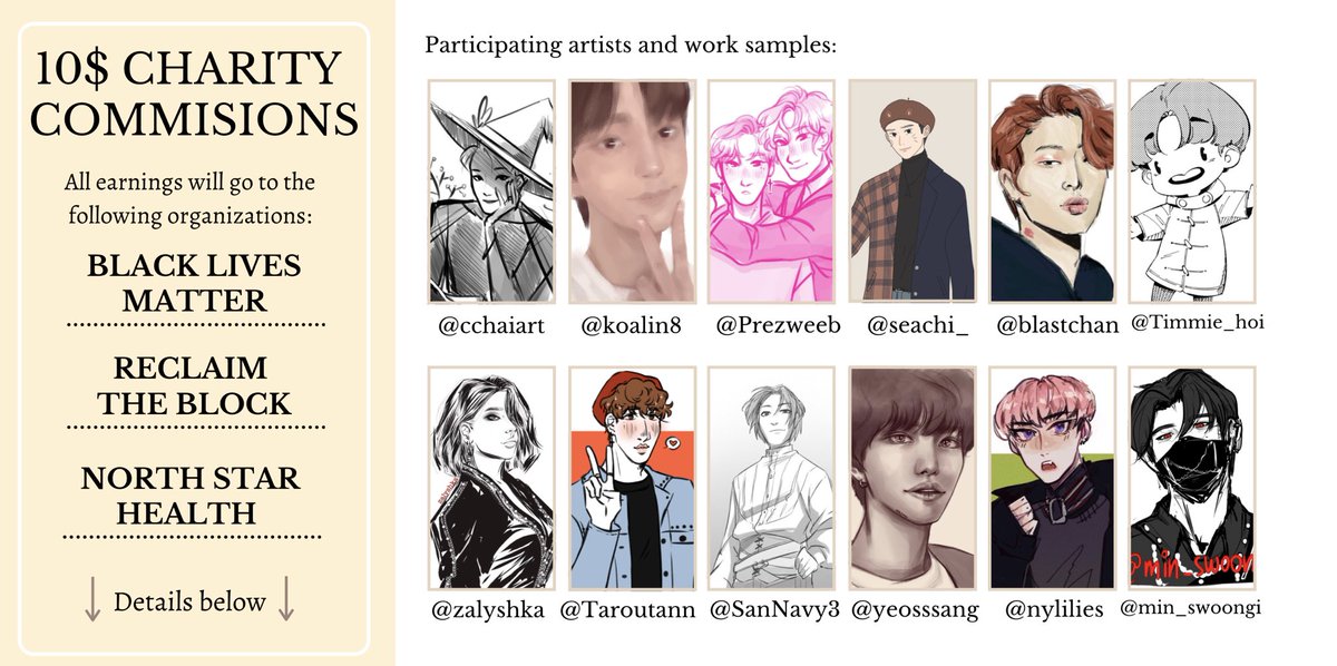 yeosssang's tweet image. [RTs appreciated]
Hello! In the light of recent events, several of us artists are doing $10 commissions. All proceeds will be going to the organisations listed in the picture! 

I will be doing 10 slots. Please @ me or dm me if you’re interested.

(Open thread for more info)