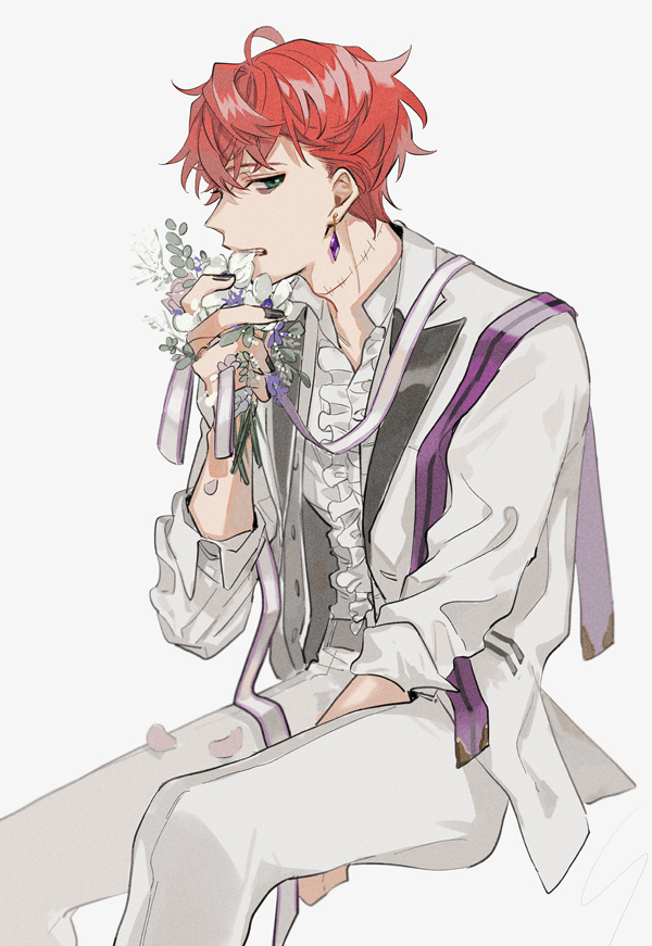 1boy solo male focus flower holding flower red hair earrings  illustration images