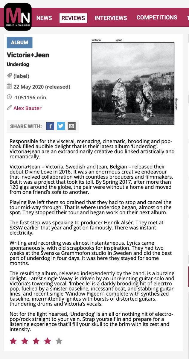 Victoria+Jean (@vicplusjean) on Twitter photo Good review !!! Music News !! ☑️
⭐️⭐️⭐️⭐️
music-news.com/review/UK/1427… <a href="/MusicNewsWeb/">Music-News.com</a> <a href="/duchampinc/">duchamp, Inc</a> #underdog #newalbum <a href="/TopButton_Digi/">Top Button Digital</a> Good review !!! Music News !! ☑️
⭐️⭐️⭐️⭐️
music-news.com/review/UK/1427… <a href="/MusicNewsWeb/">Music-News.com</a> <a href="/duchampinc/">duchamp, Inc</a> #underdog #newalbum <a href="/TopButton_Digi/">Top Button Digital</a>