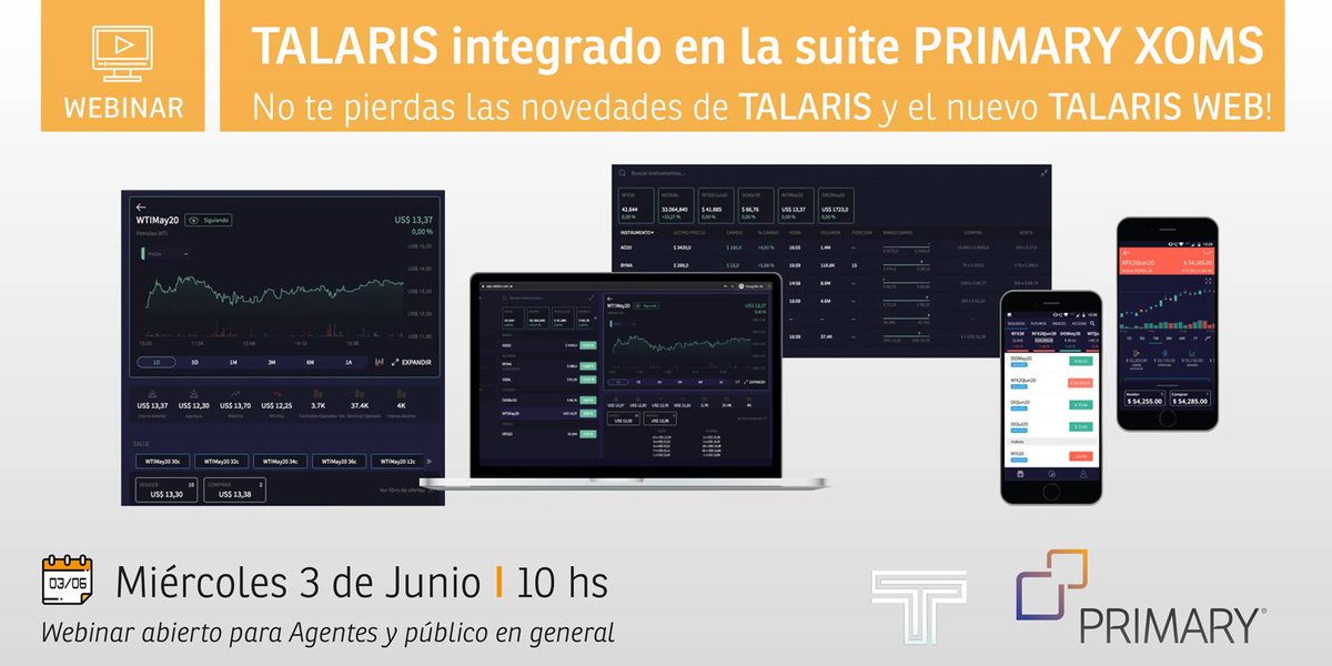 primarytrading's tweet photo. #Webinar
TALARIS integrado en la suite Primary xOMS

No te pierdas las novedades de #TALARIS (en sus versiones mobile y web)

Miércoles 3 de Junio
A las 10 hs ingresando en: https://t.co/f8z479EDva

Abierto para Agentes y público en general

#PrimaryxOMS #Trading
cc @talarisarg https://t.co/sxDY4SJZfS