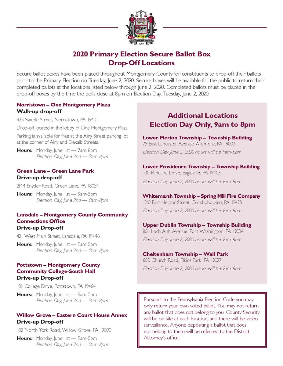 montco_pa's tweet image. 5 additional Ballot drop-off boxes added. These locations were identified by Voter Services as the highest concentrated areas of requested but not returned ballots.
The 5 new boxes will be open on Election Day ONLY. You can only place your own completed ballot in the box.