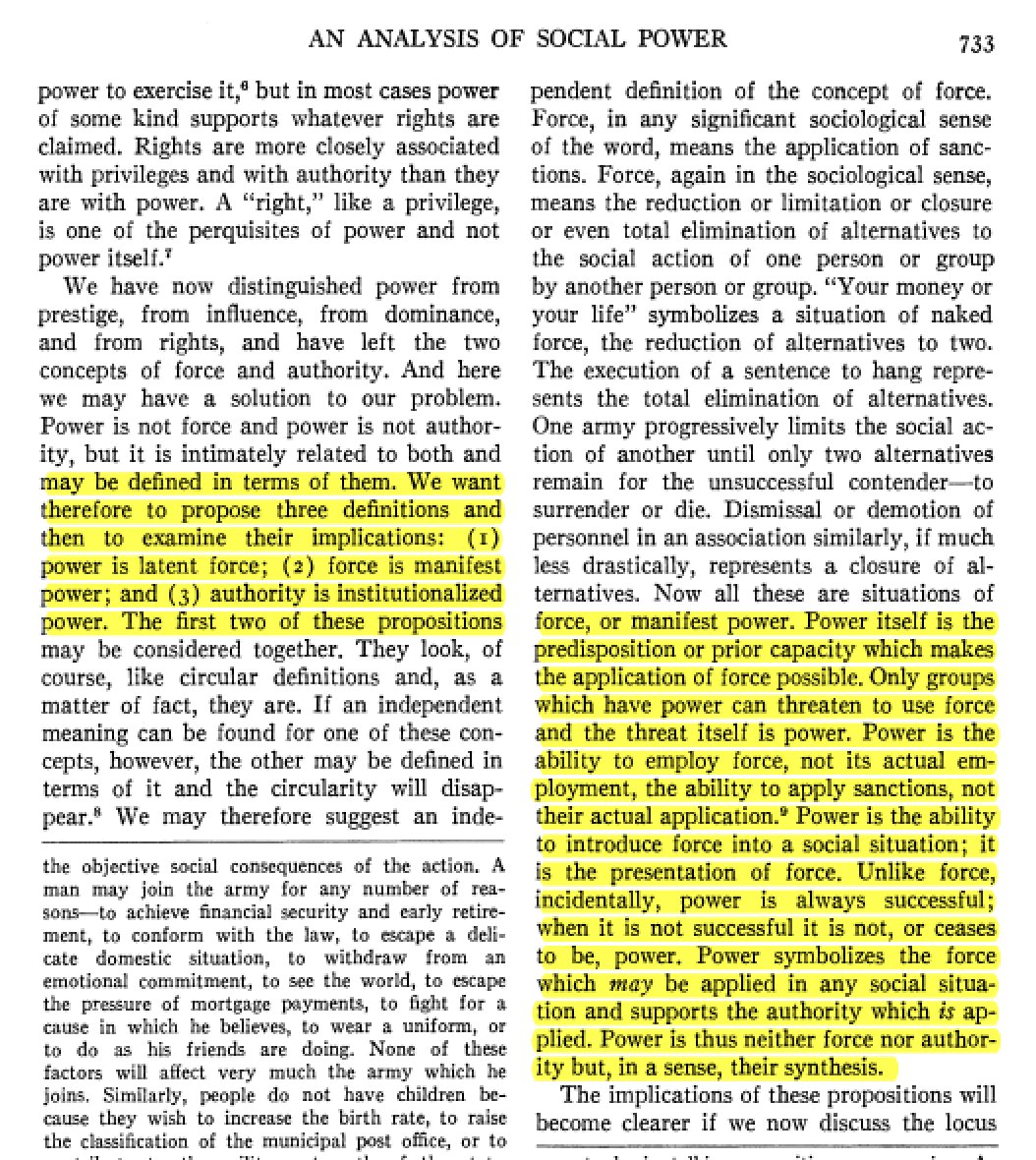 Social complexity: Social power is the degree of agreement in a group an individual can use force successfully..but the actual use of force implies the absence of power. A distinction made elegantly by one of the great scholars of power--Robert Bierstedt. tinyurl.com/y9exybo5