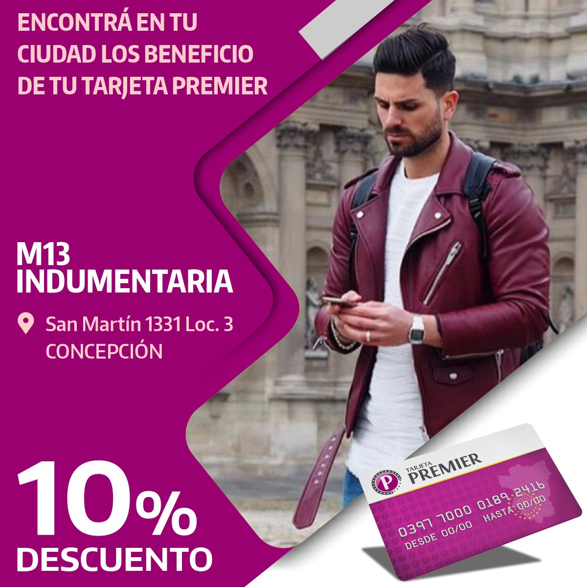 TarjetaPremier's tweet photo. Aprovecha todos tus beneficios!
Compra con el 10% de descuento en M:13 Rockeria, de la ciudad de Concepción.
.
.
.
#Descuentos #Beneficio #descuentopremier https://t.co/rfRLFbUUka