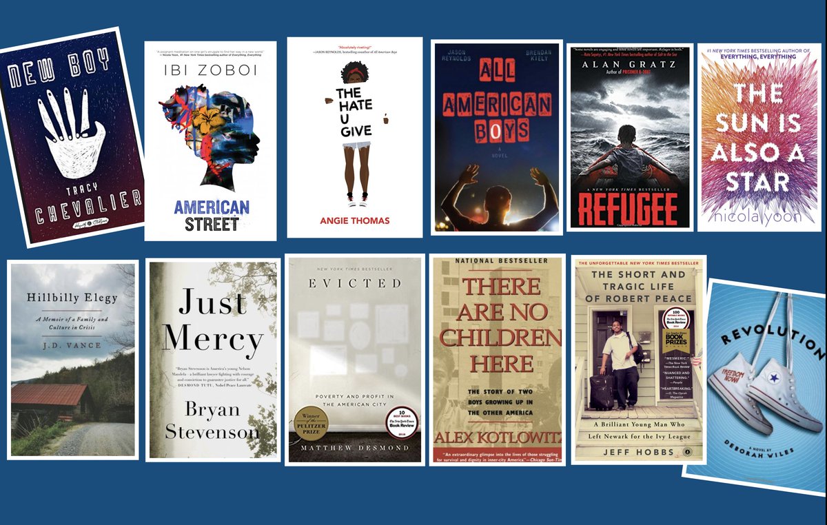 Three years ago, @pennykittle and I created book clubs for our HS students around the theme of social justice. Here were the titles we selected at that time. Any suggestions for updating the list?