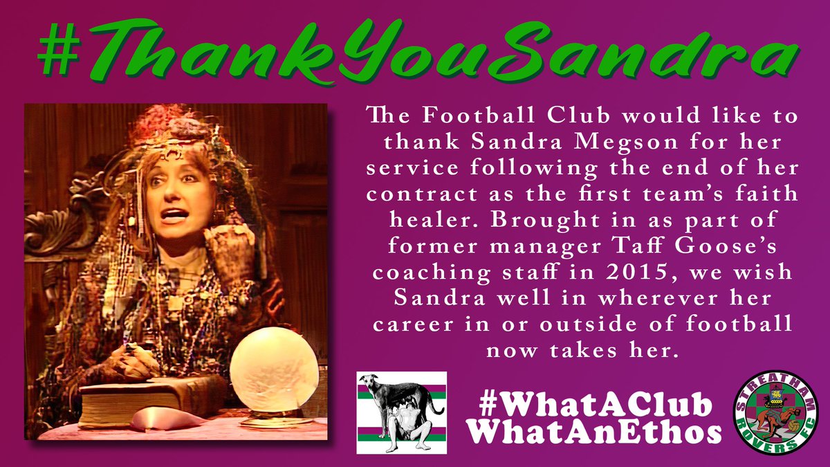 Please send a big #ThankYouSandra to our departing first team faith healer Sandra Megson who has now officially left the club following the end of her contract. #SRFC #UpTheGreyhounds #WhatAClubWhatAnEthos #NeverStopNotGivingUp