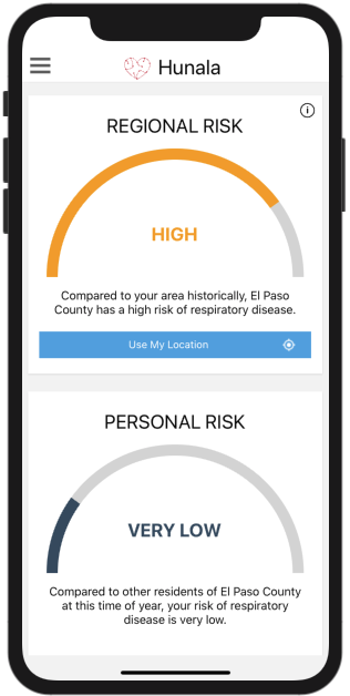 Every time you use HUNALA, you get a personalized machine-learning-developed forecast of your risk for contracting a respiratory disease based on where you live and based on where you are in the social network (and also based on other measures). 10/