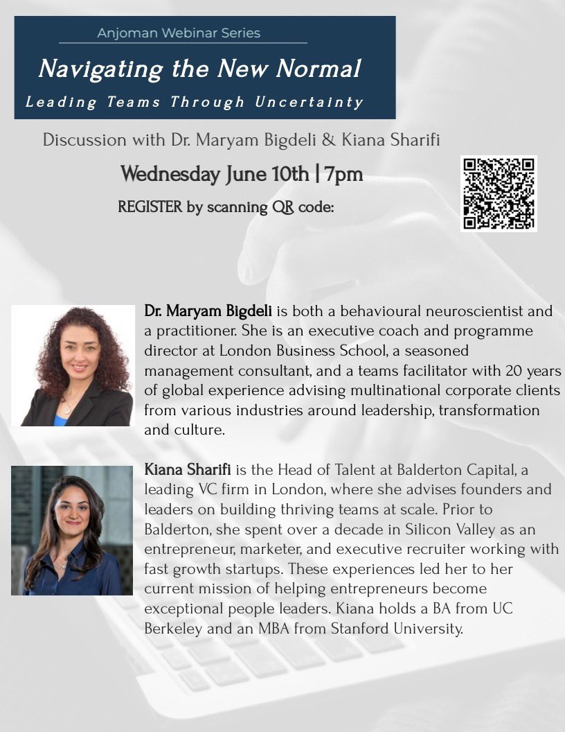 How do you lead #Teams through uncertainty? Join us for a special webinar on "Navigating the New Normal" and how to be an effective #Leader with experts Dr. Maryam Bigdeli &amp; <a href="/itsKiana/">Kiana Sharifi</a>, moderated by <a href="/a_beyad/">Abbas Beyad</a>

Date: Wed 10th June, 7pm UK Time

Registration: us02web.zoom.us/webinar/regist…