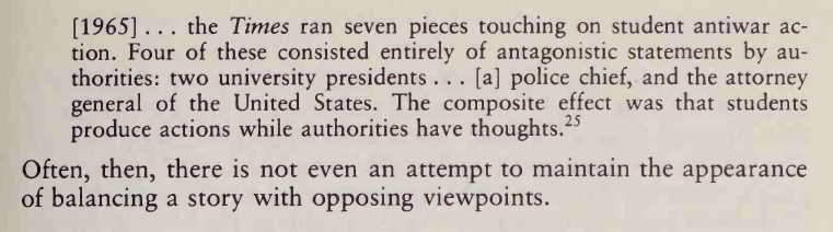 4) False Balance: "Under the guise of evenhandedness and objectivity, the press will give disproportionate attention to counterdemonstrations and unsympathetic authorities"