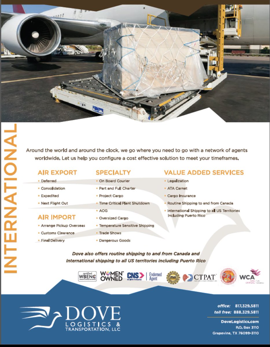 WSLogisticsFair's tweet photo. @DoveLogistics 🇺🇸 @WCATimeCritical members operate 24/7 to ensure your #CriticalShipments arrive #Ontime #WCAMembers #WSLF2021 #logisticssolutions #timesensitivedelivery #Alwaysoncall https://t.co/kWKCEfzzEl
