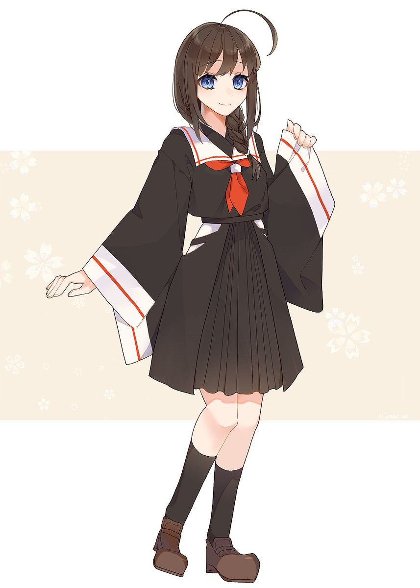 shigure (kancolle) 1girl solo ahoge braid blue eyes red neckerchief full body  illustration images