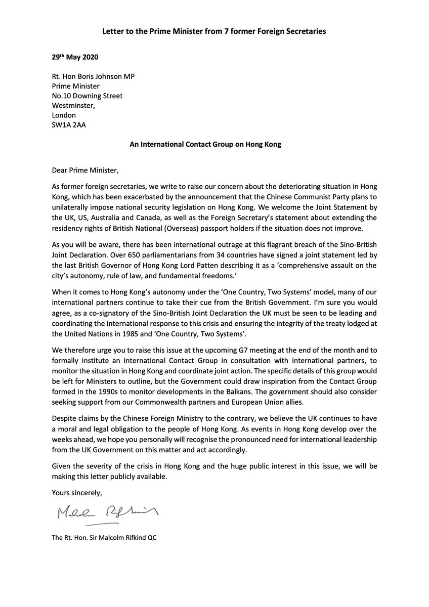 The letter to Boris Johnson on Hong Kong I have signed with six other Fromer Foreign Secretaries. https://t.co/PGjMljs8xf