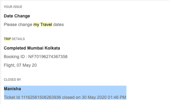 sourav2it's tweet photo. @makemytrip My issue has not been solved. But your customer care executive closed the ticket without even telling me. It was a date change req for my impacted flight https://t.co/V8IvOOVUMa