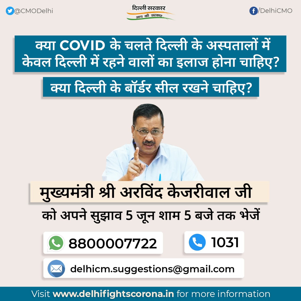 Cmo Delhi Hon Ble Cm Shri Arvindkejriwal Has Sought Suggestions From The People Of Delhi On Whether Delhi Hospitals Should Be Reserved For Delhi Residents During The Corona Pandemic Send In