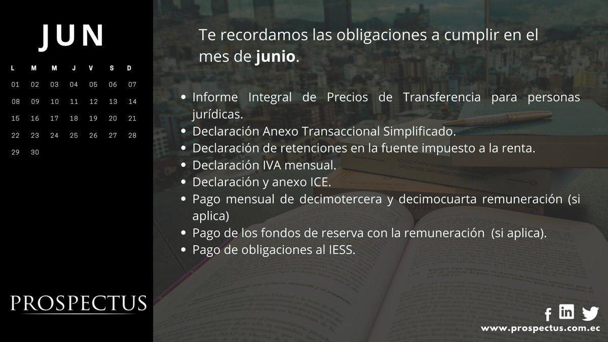 ProspectusLF's tweet photo. #ProspectusInforma #obligacionesmensuales #Junio2020 #Ecuador
Para conocer más al respecto, contáctenos a info@prospectus.com.ec.
Recuerda que, el presente documento es únicamente de carácter informativo, no constituye una opinión o asesoría legal. https://t.co/gwQ4Tx1hS7