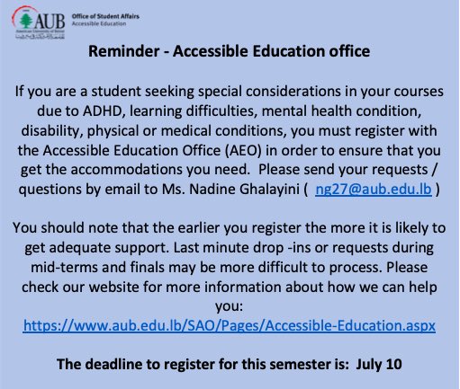 AEO here to support! #officeofstudentaffairs #accessibleeducation #students #studentlife #aub #americanuniversityofbeirut