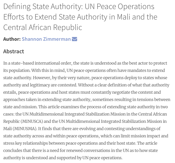 Shannon Zimmerman ( @ZimmZone) argued for "renewed conversations in the  #UN as to how state authority is understood & supported by UN  #peace operations" inc "addressing the a priori expectations around the capacity and legitimacy of host states"  http://doi.org/10.5334/sta.762   #CAR  #Mali