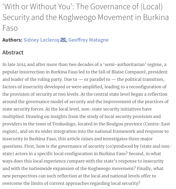 Sidney Leclerq ( @sidney_lq) & Geoffroy Matagne examined national and local security governance in  #BurkinaFaso, centred on the case study of the  #Koglweogo self-defence group:  http://doi.org/10.5334/sta.716   #Security  #Governance