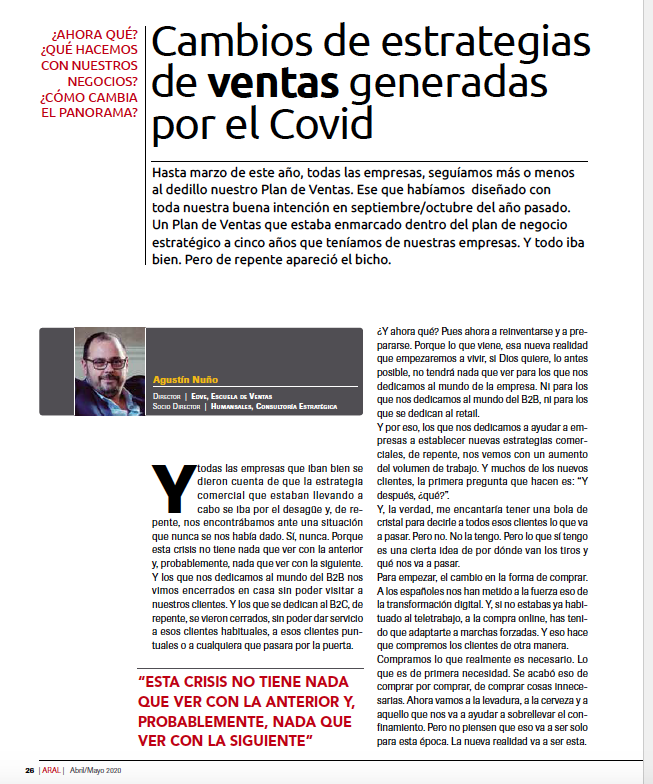 El experto en ventas Agustín Nuño habla en el último número de <a href="/revistaARAL/">Revista ARAL</a> sobre "Los cambios de estrategias de ventas generadas por el COVID".

Para leer el artículo completo, suscríbete 👇 revistaaral.com/revista/gran-c…

<a href="/anunorod/">Agustín Nuño</a> <a href="/raulortiz/">Raúl Ortiz Andres</a> <a href="/EDVE_es/">Escuela De Ventas</a>