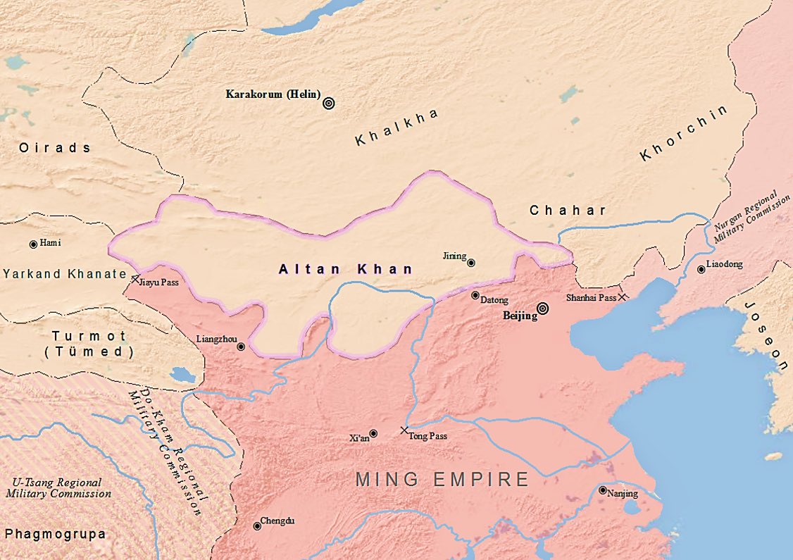 In 1547, Altan Khan of Tümed Mongols became the most powerful Mongol leader, forcing the Northern Yuan Dynasty royal lineage of Chahar Tribe 2 flee. To boost his legitimacy, he invited Tibetan Lama Sonam Gyatso to convert Mongols to Buddhism. He named Gyatso “Dalai Lama”