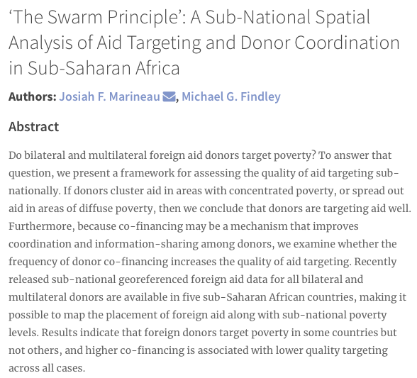 Using geo-coded aid data at the sub-national level in five sub-Saharan African countries  @JosiahMarineau &  @mgfindley discussed whether bilateral & multilateral aid donors target poverty, and whether donor coordination improves the quality of aid targeting  http://doi.org/10.5334/sta.669 