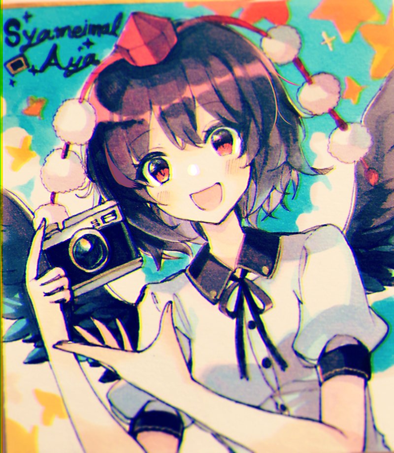 shameimaru aya 1girl solo wings hat camera open mouth tokin hat  illustration images