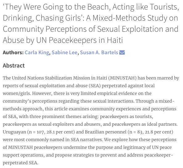 Carla King, Sabine Lee ( @SL1935), & Susan Andrea Bartels ( @susanabartels) examined community perceptions and experiences of sexual exploitation and abuse by  #UN peace keepers in  #Haiti:  http://doi.org/10.5334/sta.766   #MINUSTAH